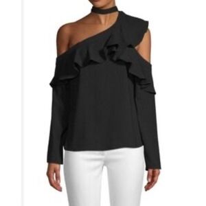 BCBGMAXAZRIA Black Ruffled Cold-Shoulder Long Sleeve Blouse with Tie Neck Detail